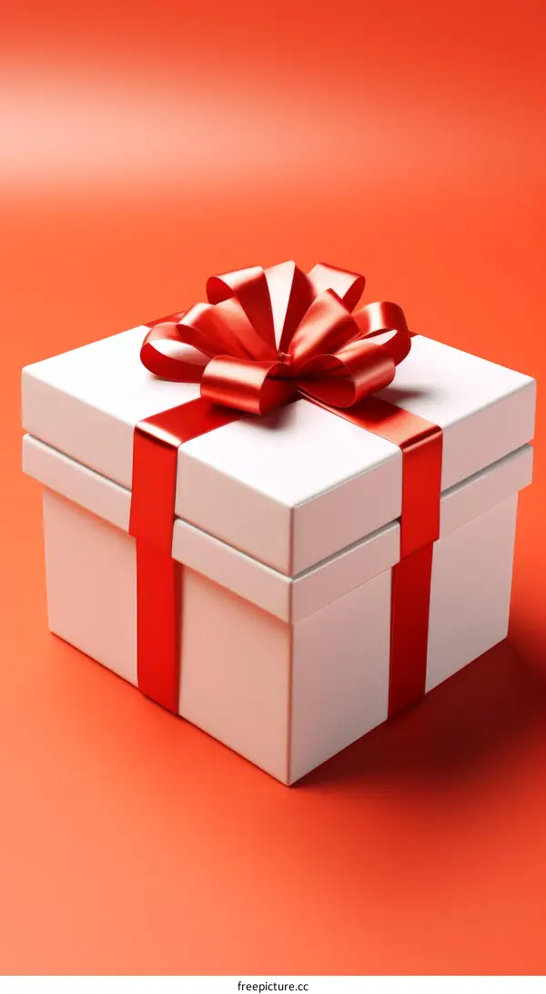 A red and white gift box with a red ribbon