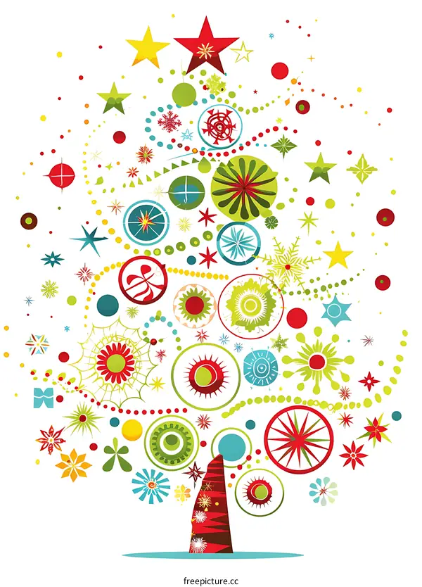 Abstract Christmas Tree with Colorful Ornaments and Stars