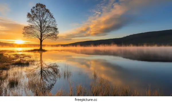 Sunrise over a Misty Lake with a Solitary Tree