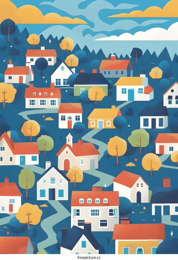 Colorful Illustration of a Village with Houses and Trees