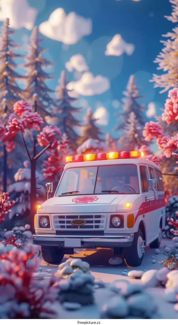 A snow-covered ambulance drives through a snowy forest.