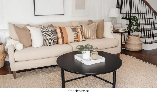 Beige Sofa Living Room Decor with Colorful Cushions