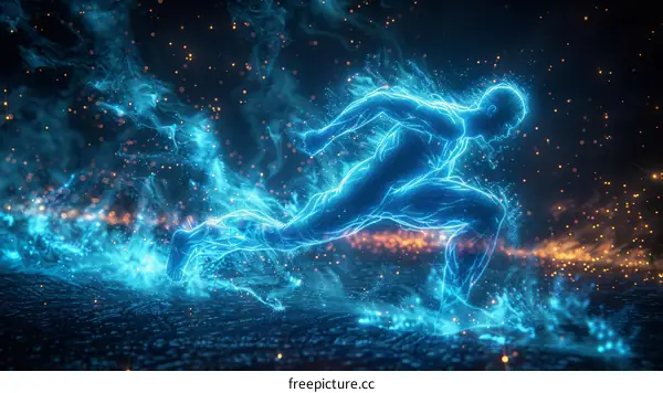 Blue digital running man with fire and water effects