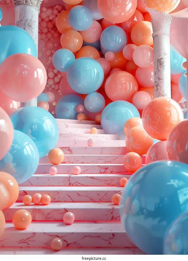 Abstract Pastel Staircase with Colorful Balloons
