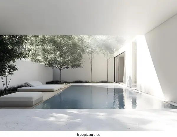 Minimalist Modern Backyard with Swimming Pool and Lounge Chairs
