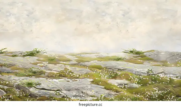 Nature Landscape with Rocky Terrain and Foggy Sky