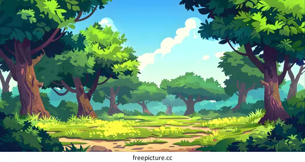 Beautiful Green Forest With Sunlit Pathway