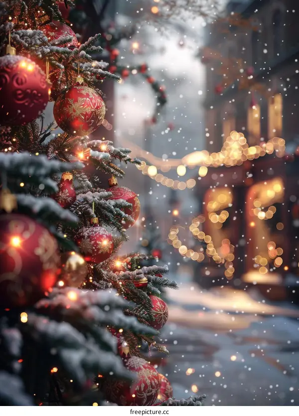 Snowy Christmas Scene with Decorated Tree