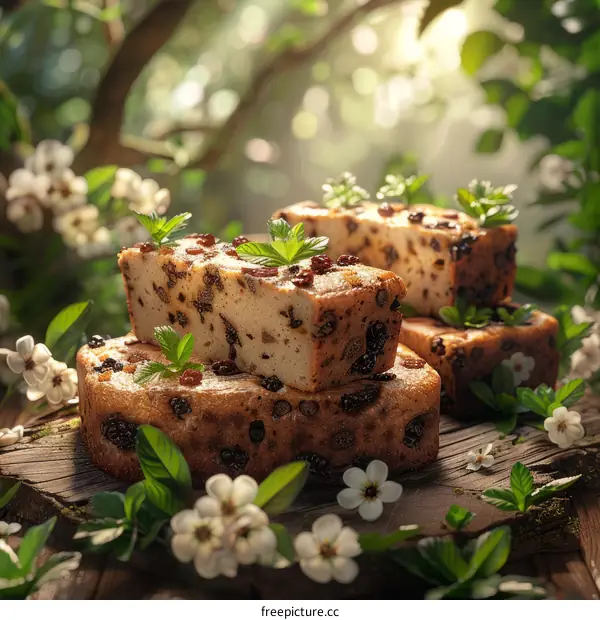Three slices of fruitcake on a table in the woods