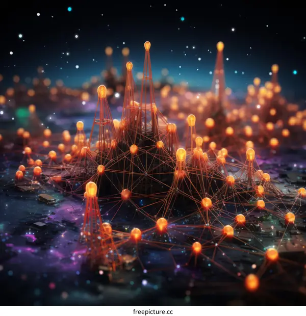 Neural Network Cityscape with Glowing Lights