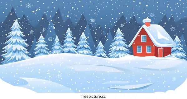 Winter Cabin Illustration with Snow Falling