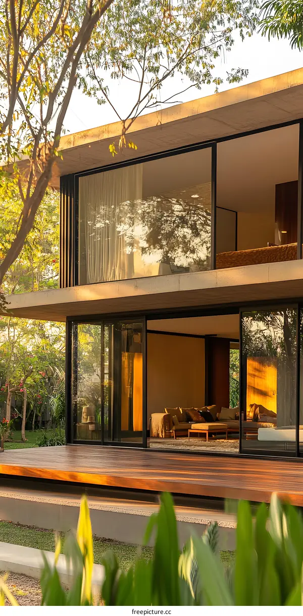 Modern Concrete House With Large Windows and Wooden Deck