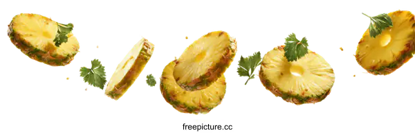 [Transparent Background PNG]Pineapple Slices in Mid-Air with Herbs