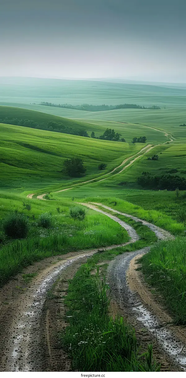 Dirt Road Winding Through Picturesque Green Hills