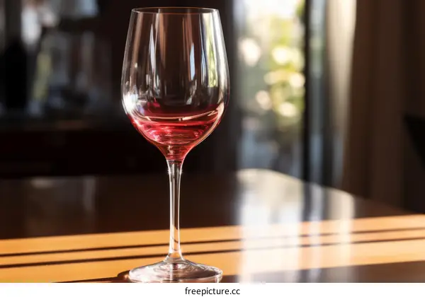 Close-up of a single glass of red wine on a wooden table with a blurred background