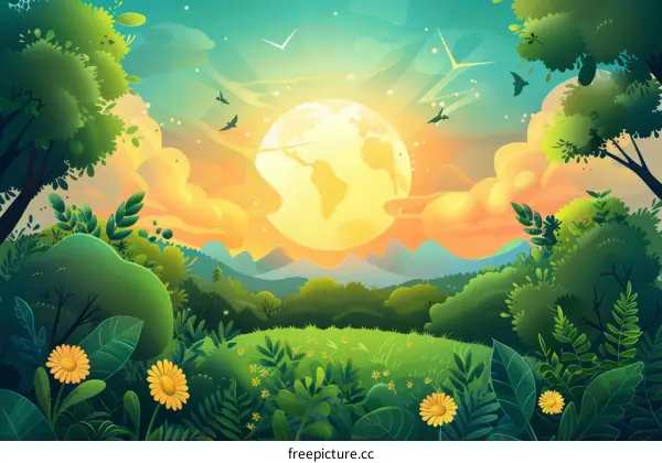 Green forest with a glowing globe in the sky