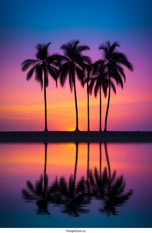 Palm trees at sunset with a pink sky and purple water