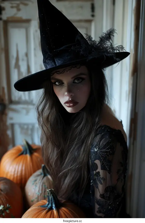 Halloween witch with hat and pumpkins