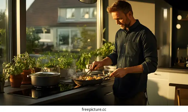 Man Cooking Healthy Food in Modern Kitchen with Window View