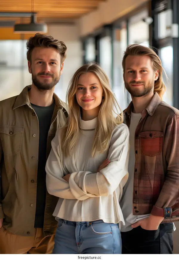 Three young people standing in a room smiling