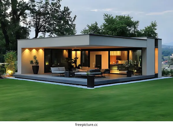 Modern Architecture House With Green Grass Lawn