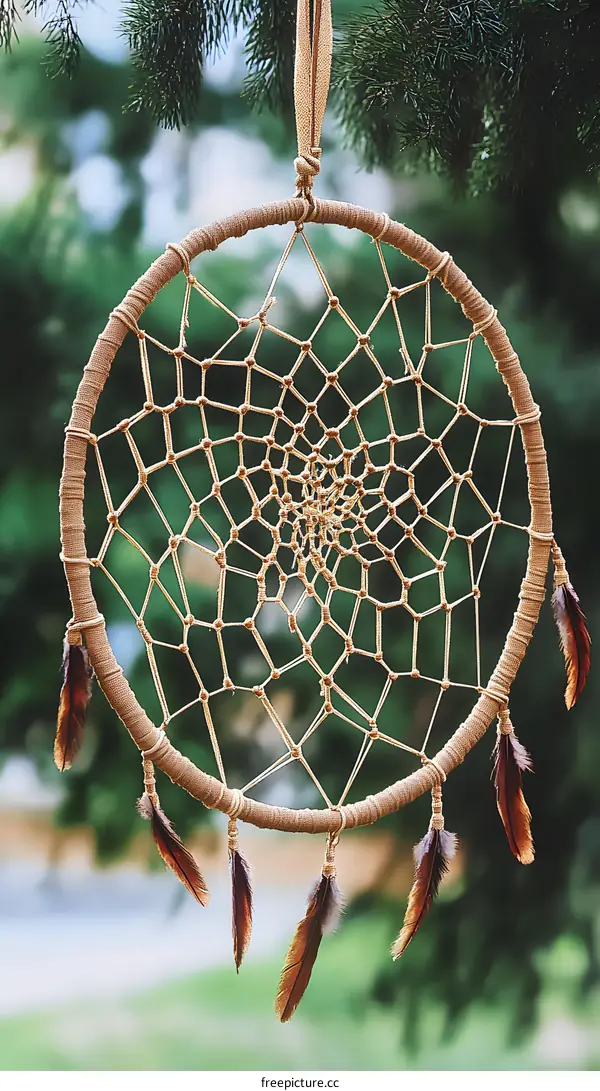 Dreamcatcher with Feathers Hanging from Tree Branch