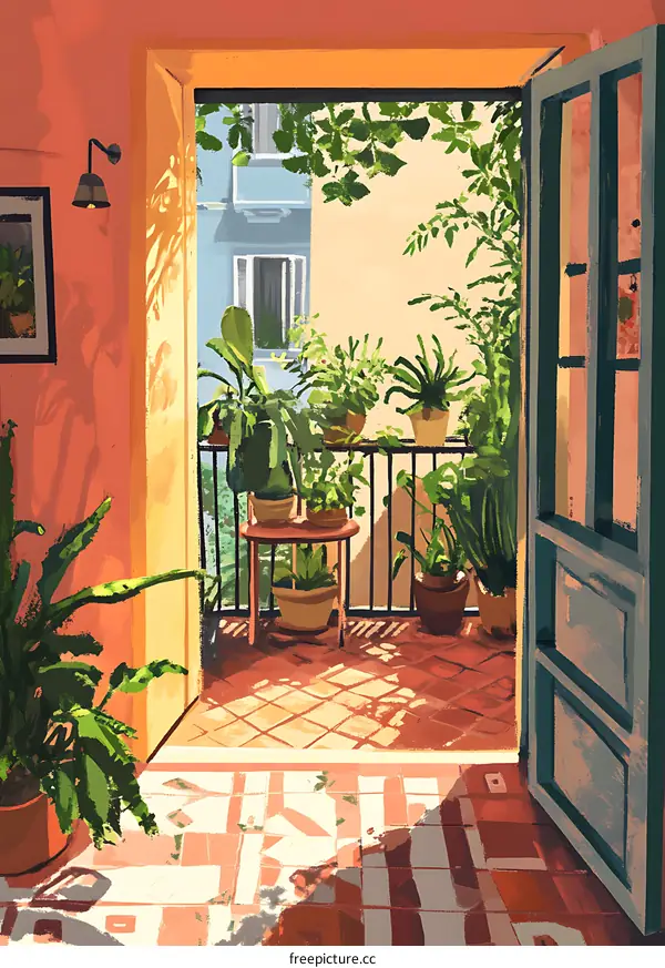 Open Doorway to Sunny Balcony with Plants