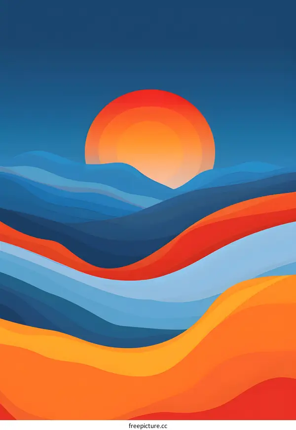 Abstract Mountain Sunset Landscape With Blue And Orange Colors