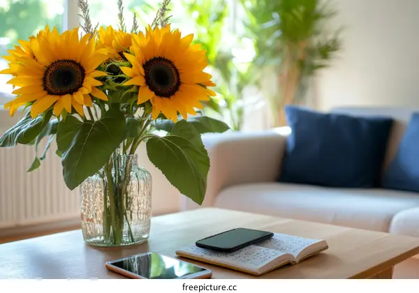 A Sunflowers Bouquet on a Coffee Table in a Cozy Living Room