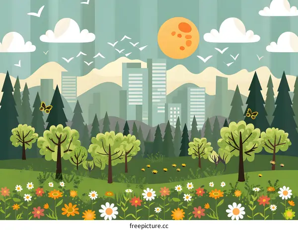 Nature Landscape Illustration with City Skyline and Flowers