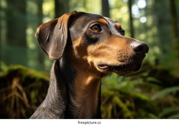 A closeup of a brown and black short-haired dog looking off to the side in the woods