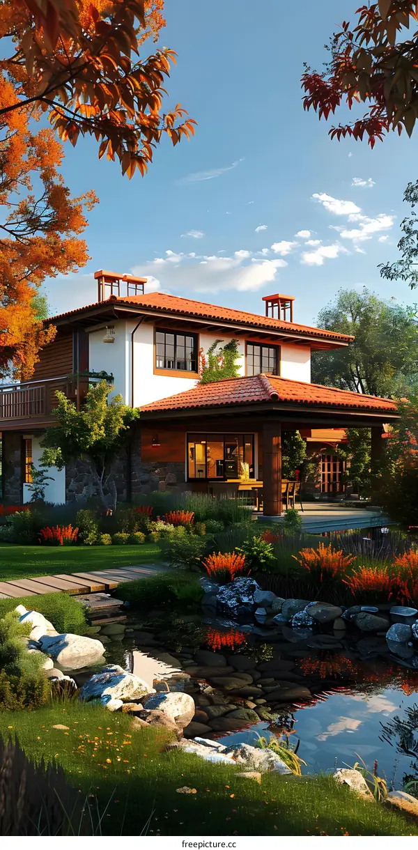A beautiful house with a red roof and a garden