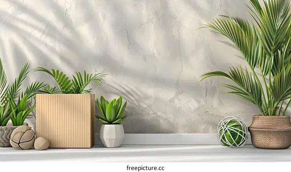 Minimalist Interior Design with Green Plants and a Cardboard Box