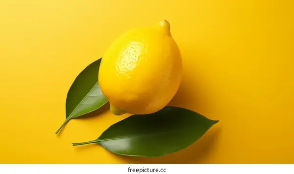 Single lemon with leaves on a yellow background