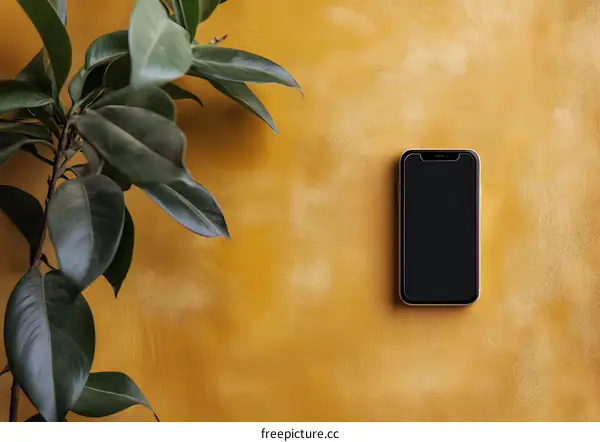Smartphone with Yellow Background and Green Plant
