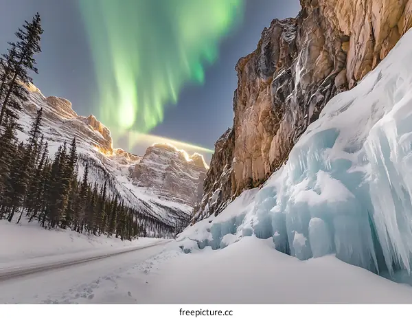 Aurora Borealis Shining Over Snowy Mountain Range