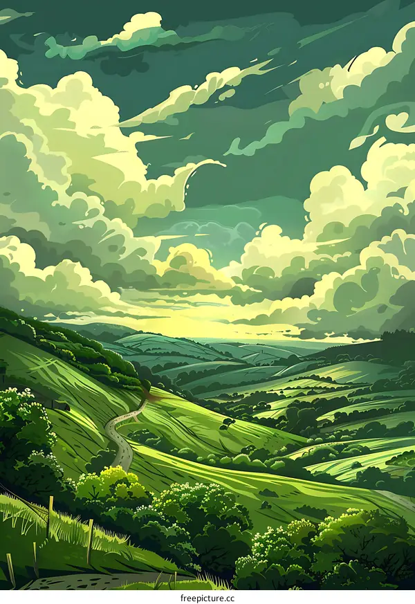 Green Hills Landscape with Cloudy Sky
