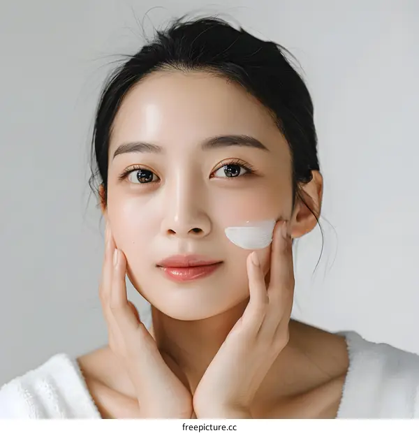 Woman Applying Facial Moisturizer on Her Cheek