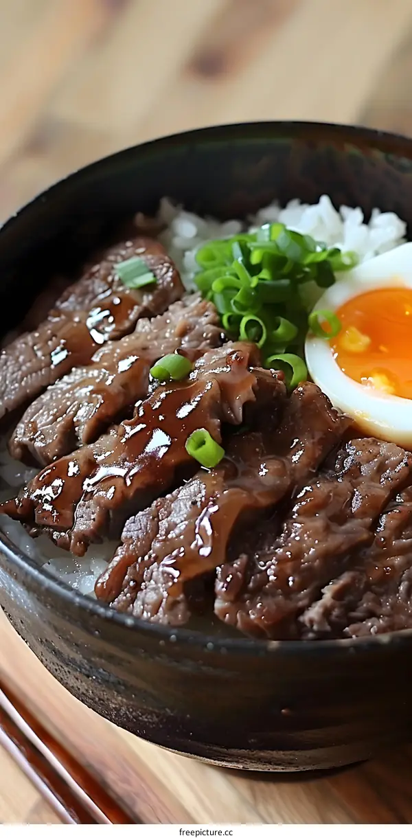 Japanese Beef Rice Bowl with Egg and Green Onions