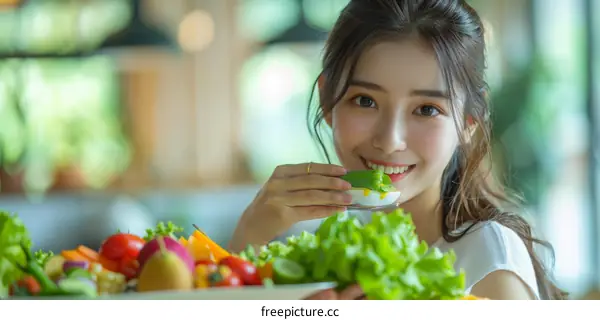 Portrait of a young Asian woman eating a healthy salad with fresh vegetables