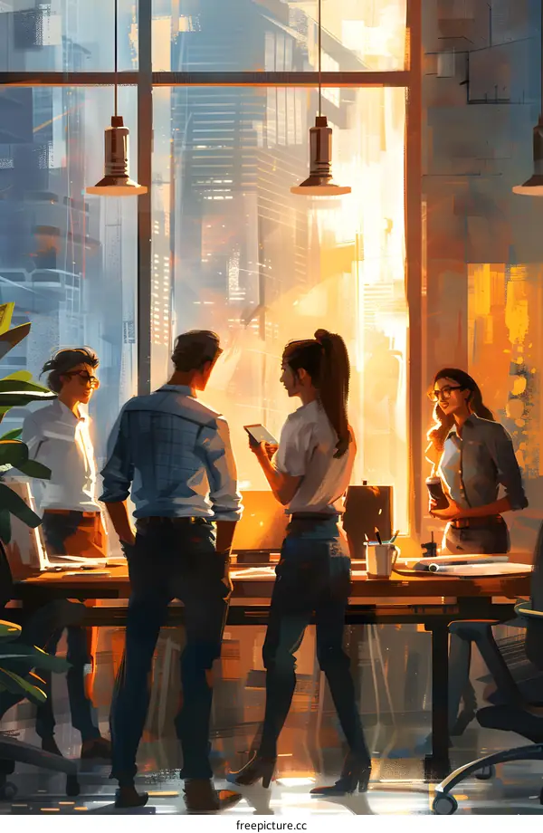 Four people in an office are looking at a tablet.