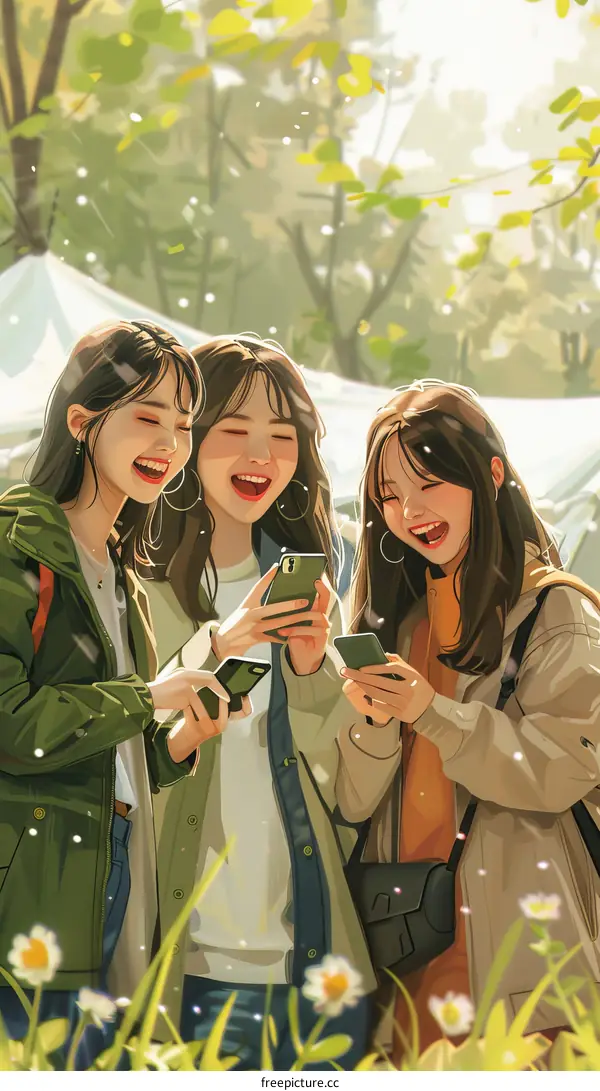 Three young Asian women looking at their phones and laughing