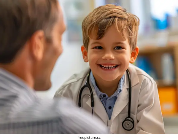 Little boy dressed as a doctor smiling at his patient