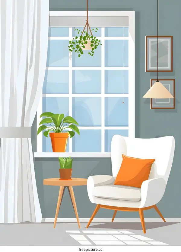 Cozy Living Room Interior With Armchair And Plants