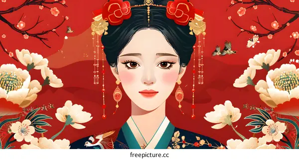 A beautiful Chinese woman in traditional dress with red and white flowers in the background