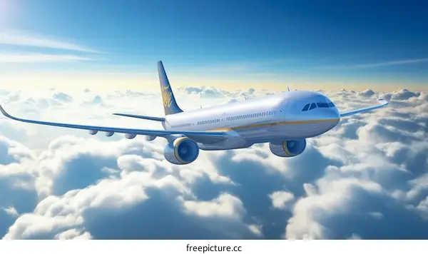 A large white and yellow passenger airplane is flying high above the clouds during the day