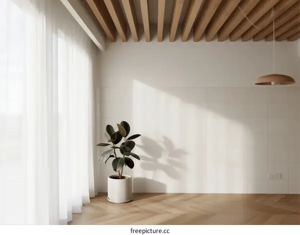 Modern and bright interior space with wooden ceiling and plant