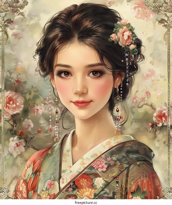An Asian woman in traditional dress with flowers in her hair