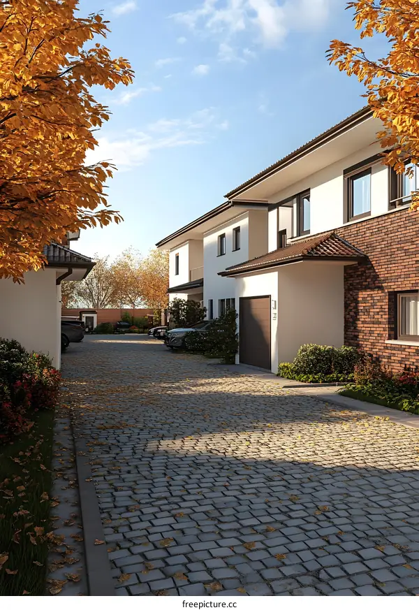 Autumn Leaves on Cobblestone Driveway in Front of Modern Townhouses