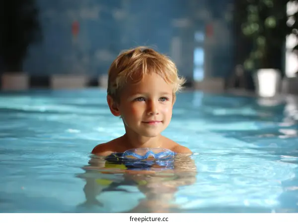 Little boy with swimming aids in indoor swimming pool